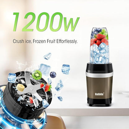 Nahida Blender for Smoothies, 1200W Smoothie Blender for Ices Crushing, Blenders with (2) 6-Fin Blades, Personal Blenders for Kitchen with 23oz, 32oz, 37oz Easy Go Cups for Juices, 1200W, Brown