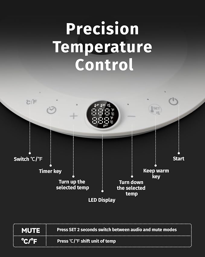 0.8L Gooseneck Electric Kettle, Precise Temperature Control for Pour Over Coffee & Tea, 1200W Fast Boiling Water, Auto Shut Off, Scheduling, Stainless Steel, White