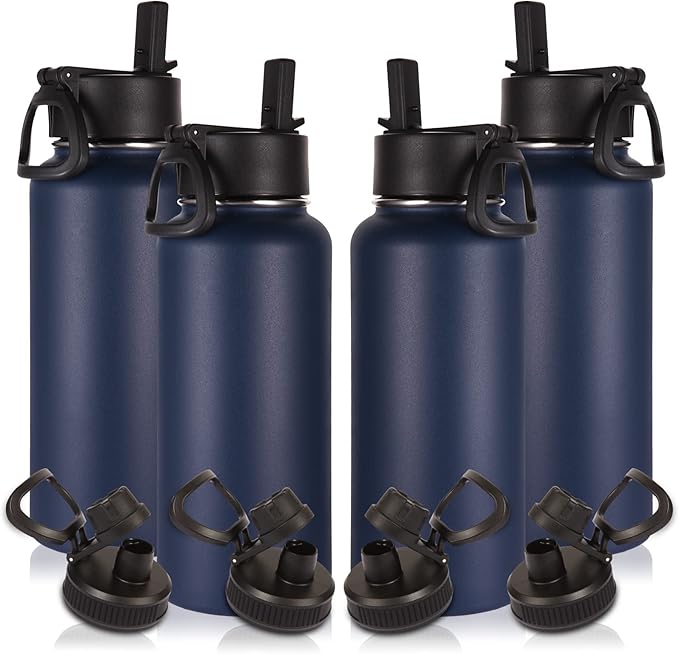 Volhoply 32 oz Insulated Water Bottles Bulk 4 Pack with Straw Lid & Spout Lid,Stainless Steel Sports Water Bottle,Double Wall Vacuum Cups,Leakproof Wide Mouth Metal Flask for Hiking,Camping(Navy,4)