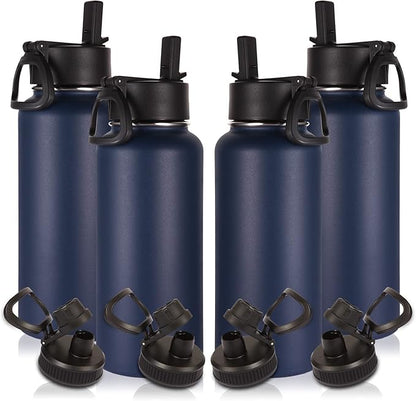 Volhoply 32 oz Insulated Water Bottles Bulk 4 Pack with Straw Lid & Spout Lid,Stainless Steel Sports Water Bottle,Double Wall Vacuum Cups,Leakproof Wide Mouth Metal Flask for Hiking,Camping(Navy,4)