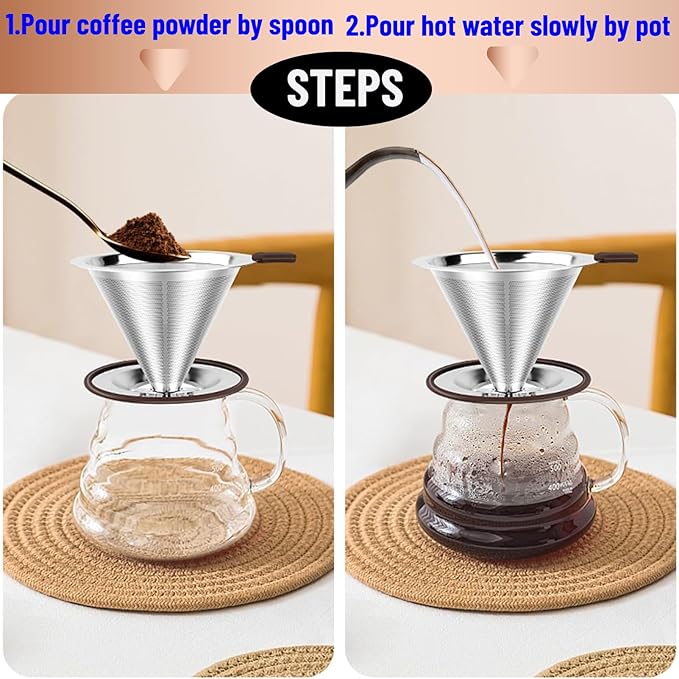 Reusable Paperless Coffee Filter V60,Coffee Dripper,Professional Stainless Steel Drip Cone Brew Coffee Strainer,Double Micro Mesh Filter,Coffee Filter Mug,Silicone Handle & Non-Slip Silicone Base (L)