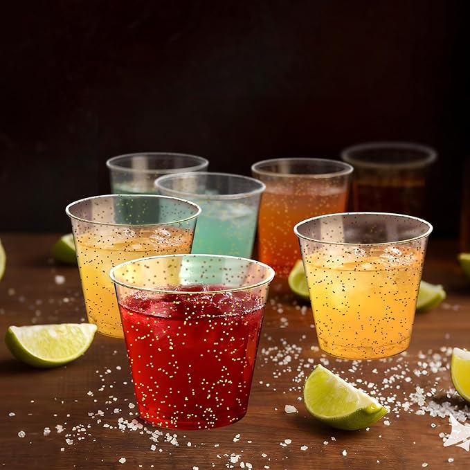 500Counts 1OZ. Disposable Shot Glasses Hard Plastic Shot Cups Gold Glitter Mini Shot Glasses for Tequila, Jello Shots, Liquor, 1Ounce Small Cup for Sauce, Dips, Shot Cups for Party