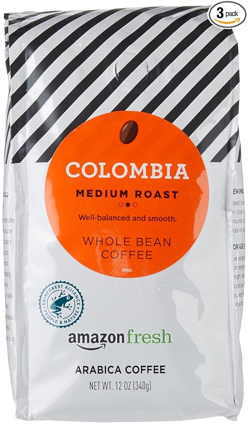 Amazon Fresh Colombia Whole Bean Coffee, Medium Roast, 12 Ounce (Pack of 3)