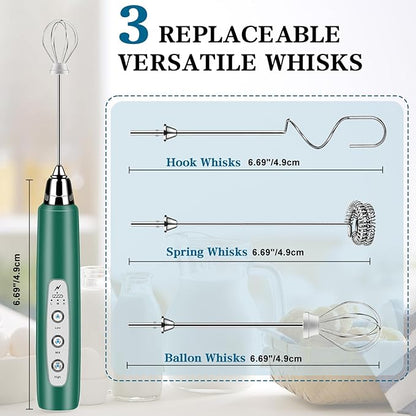 Milk Frother Handheld for Coffee, Electric Whisk 3 Speed Adjustable, Drink Mixer with Stainless 3 Whisks, Rechargeable Hand Frother Wand, for Latte Cappuccino Hot Chocolate Egg Green