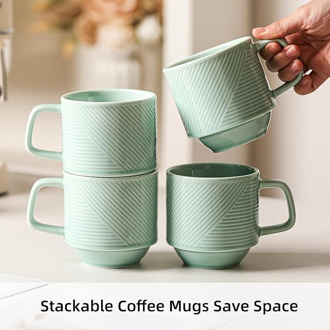 Stackable Coffee Mugs Set: 13 oz Ceramic Stacking Cups for Cappuccino Latte Tea - Microwave Safe Mug for Home & Office - 4 PCS, Mint Green