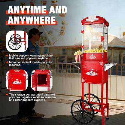 10oz Popcorn Machine with Cart, Wheels & Stainless Steel Kettle, Vintage Movie Theater Style, Popcorn Maker Machine for Parties, Events, Home & Commercial Use, Red