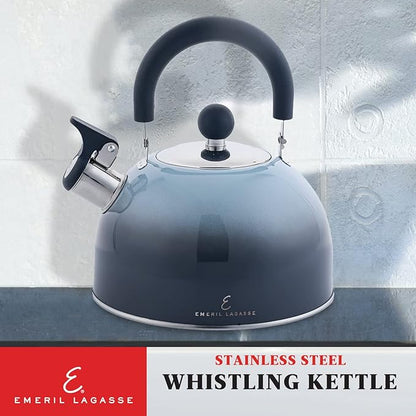 Emeril Lagasse 2.6 Quart/2.5 Liter Whistling Tea Kettle, Stainless Steel Tea Pot for Induction Stove Top, Fast to Boil Water for Home Kitchen Condo, with Ergonomic Cool Folding Grip Handle, Black Comb