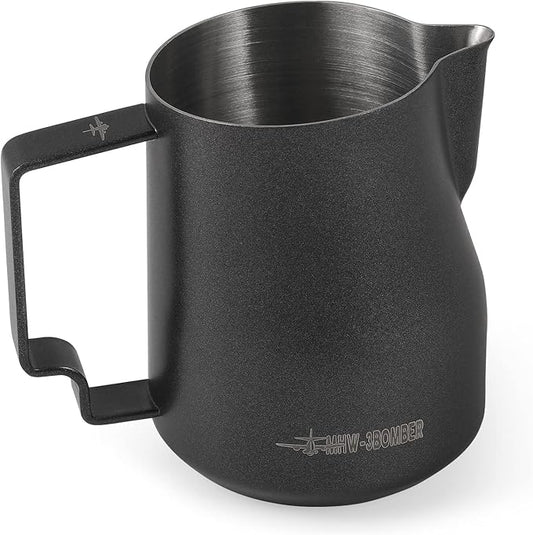 MHW-3BOMBER Milk Frothing Pitcher 12oz Milk Frother Cup Espresso Steaming Pitcher Stainless Steel Milk Frother Cup Barista Latte Art Round Spout Milk Jug, Black P6007MB-OS