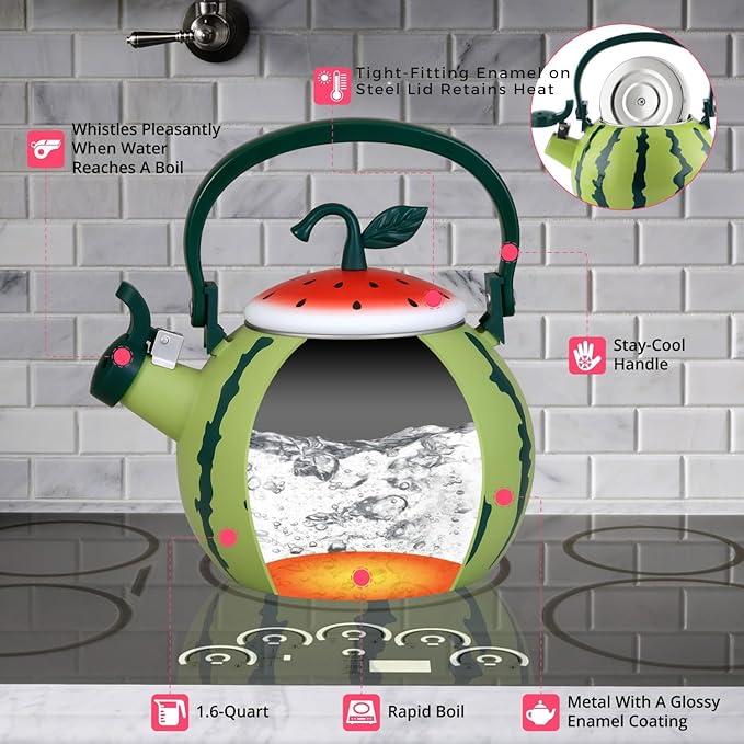 Whistling Tea Kettle for Stove Top Enamel on Steel Teakettle, Supreme Housewares Watermelon Design Teapot Water Kettle Cute Kitchen Accessories Teteras (1.6 Quart, Watermelon)