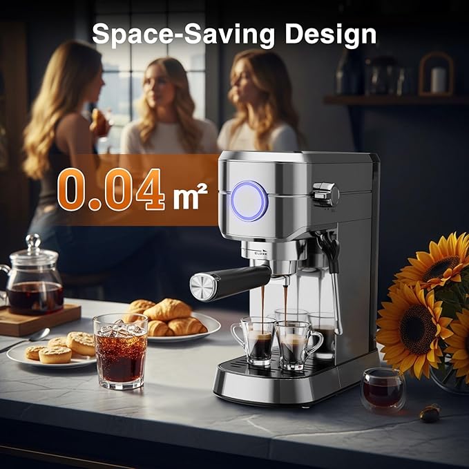 Crzoe Espresso Machine 20 Bar, Compact 1350W Espresso Maker with Steam Milk Frother, Semi-Automatic Coffee Machine, Fast Heating, for Cappuccino, Latte, 1.2L Removable Water Tank (Stainless Steel