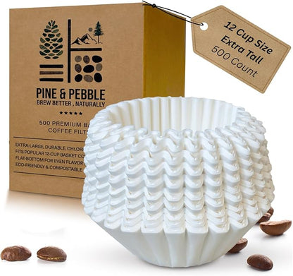 Pine & Pebble® Large Coffee Filters (500 Ct) | Tall-Walled Basket Style (9.84" x 4.33") | No Grounds, No Mess | Fits BUNN & 12-Cup Commercial Brewers | Ideal for Home, Office & Cafés