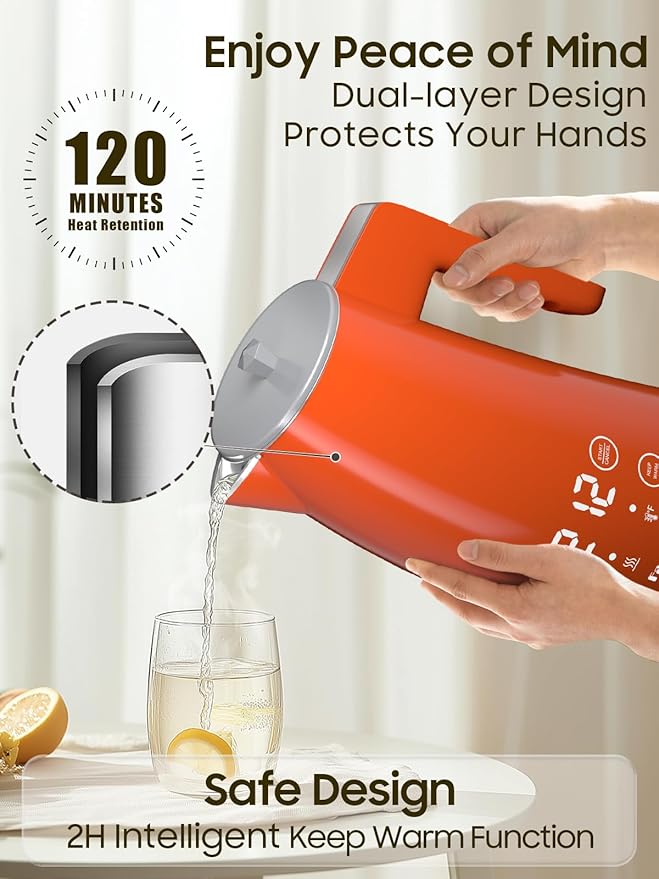 Temperature Control Electric Kettle, 5 Temp Presets, 2H Keep Warm, 1.25L 1200W Fast Boil with LED Display, Cool-Touch Design with Auto Shut-Off, Cordless Design (Orange)
