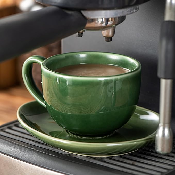 vicrays 6.5 oz Cappuccino Cups with Saucers, Set of 4, Ceramic Coffee Cup for Au Lait, Double shot, Latte, Cafe Mocha, Tea (Green)