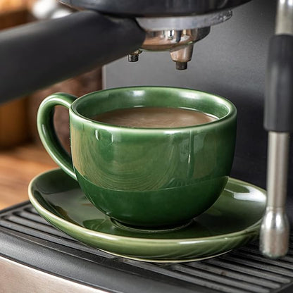 vicrays 6.5 oz Cappuccino Cups with Saucers, Set of 4, Ceramic Coffee Cup for Au Lait, Double shot, Latte, Cafe Mocha, Tea (Green)