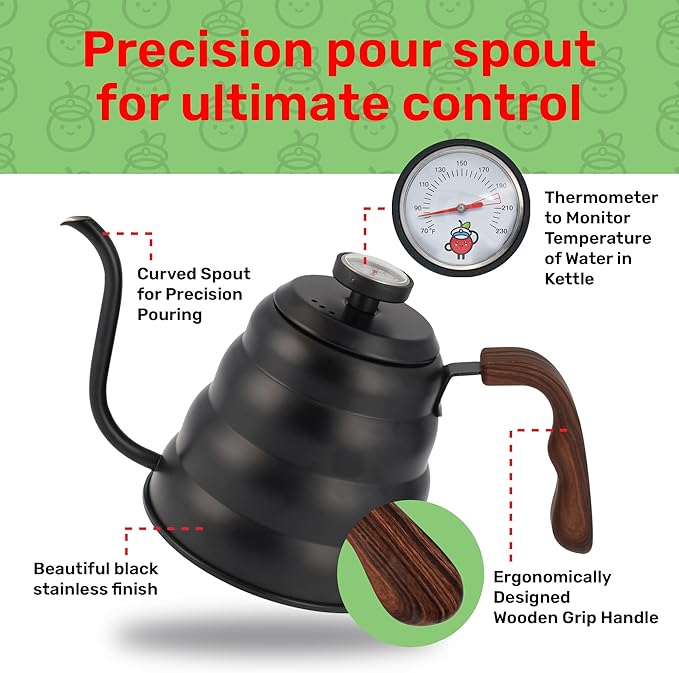 Japanese Gooseneck Kettle Stovetop with Thermometer and Insulated Handle (4-piece, 40.6 oz /1200ml), Stainless Steel Pour Over Tea Stovetop Kettle, Precision Pour Kettles Pot for Coffee & Tea (Black)