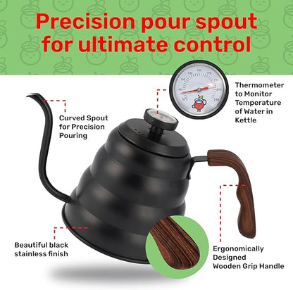Japanese Gooseneck Kettle Stovetop with Thermometer and Insulated Handle (4-piece, 40.6 oz /1200ml), Stainless Steel Pour Over Tea Stovetop Kettle, Precision Pour Kettles Pot for Coffee & Tea (Black)