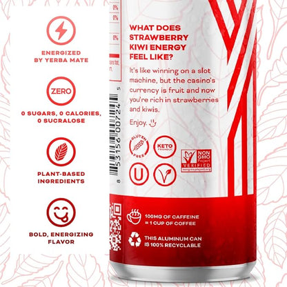 Yerbaé Energy Seltzer - Strawberry Kiwi, No Sugar/Calories/Carbs. Energized by Yerba Mate, Naturally Caffeinated Plant-Based, Healthy Alternative to Coffee/Sugary Sodas, Pack of 12, 12oz cans