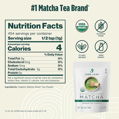 Jade Leaf Matcha Organic Ceremonial Grade Green Tea Powder - Farm Direct First Harvest - Authentic Japanese Origin (1 Pound Bulk Pouch)