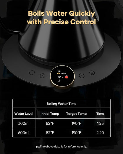 Cocinare FLOW M6 Pro Electric Gooseneck Kettle, ±0.5℉ Temperature Control for Pour-over Coffee & Tea, Stainless Steel Interior, Quick Heating for Boiling Water (Soulages Black)