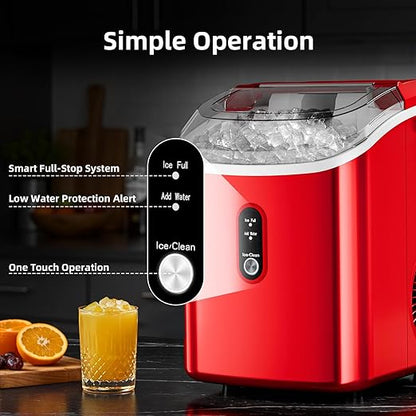 Nugget Countertop Ice Maker with Soft Chewable Pellet Ice, 34Lbs/24H,Pebble Portable Ice Machine with Ice Scoop, Self-Cleaning, One-Click Operation, for Kitchen/Office/Bar, Red