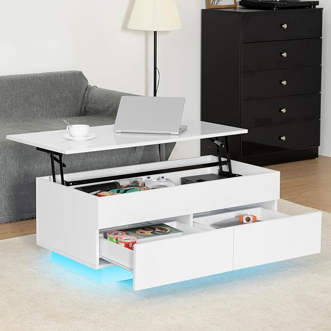LED Coffee Table with Lift Top Morden Coffee Table with Storage High Gloss White Sofa Table for Living Room Center Tables Hidden Compartment & 2 Drawers