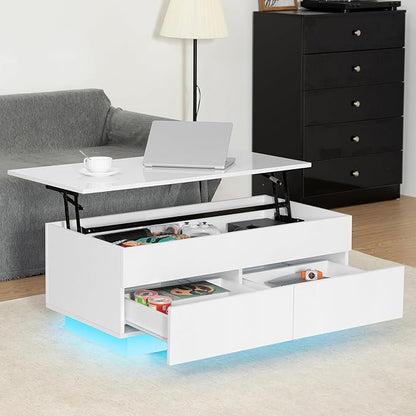 LED Coffee Table with Lift Top Morden Coffee Table with Storage High Gloss White Sofa Table for Living Room Center Tables Hidden Compartment & 2 Drawers