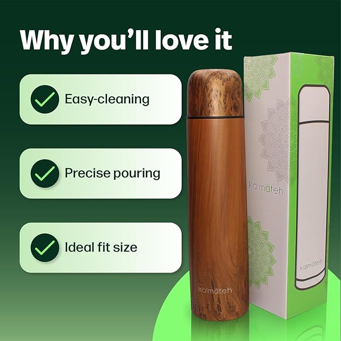KALMATEH Modern & Elegant Double Walled Vacuum Insulated Stainless Steel Thermo Bottle 1000 ml, Precise Pouring & Heat Retention For Yerba Mate, Coffee, Tea, and Camping
