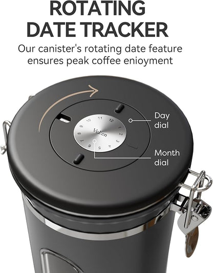 Veken Coffee Canister with Window,Airtight Stainless Steel Kitchen Food Storage Container, Date Tracker & Scoop for Grounds Coffee, Beans, Tea, Flour, Cereal,Sugar,22OZ,Grey