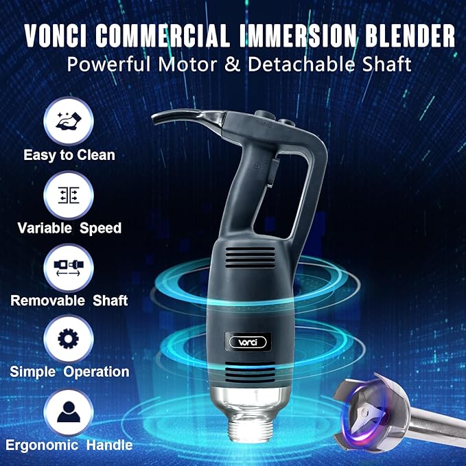 VONCI 750W Commercial Immersion Blender, Electric Hand Blender with 12" Detachable Shaft, Variable Speed 8000-19000RPM,Industrial Immersion Blender for Restaurant Kitchen.Extra Heavy Duty Hand Mixer.