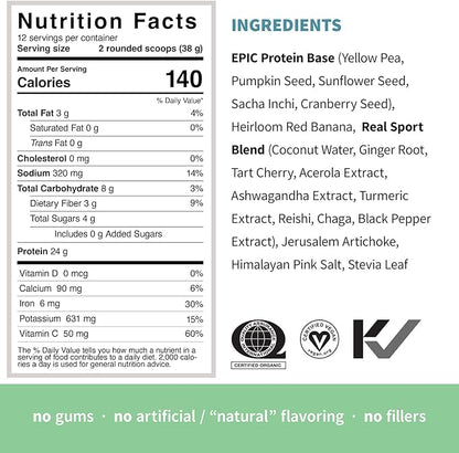 Sprout Living, Epic Protein, Plant Based Protein & Superfoods Powder, Real Sport | 24 Grams Organic Protein Powder, Recovery, Vegan, Non Dairy, Non-GMO, Gluten Free, Low Sugar (1 Pound, 12 Servings)
