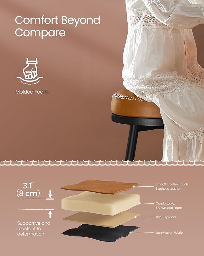 VASAGLE EKHO Collection - Swivel Bar Stools Set of 2, Counter Height Backless Bar Stools, Synthetic Leather with Stitching, Mid-Century Modern, 25.6-Inch Tall Kitchen Barstools for Home, Caramel Brown