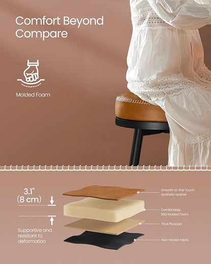 VASAGLE EKHO Collection - Swivel Bar Stools Set of 2, Counter Height Backless Bar Stools, Synthetic Leather with Stitching, Mid-Century Modern, 25.6-Inch Tall Kitchen Barstools for Home, Caramel Brown