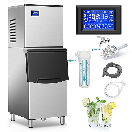 Commercial Ice Maker Machine 430Lbs/24H, Industrial Ice Machine 350 Lbs Storage Bin, 156PCS Clear Ice Cubes in 11 Mins, Freestanding Stainless Steel Ice Maker for Restaurants/Bar/Large Families