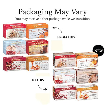 Bigelow Tea Seasonal Tea 6 Flavor Variety Pack, Mixed Caffeinated and Caffeine Free, 18 Count Pack of 6, 108 Total Tea Bags (Flavors May Vary)