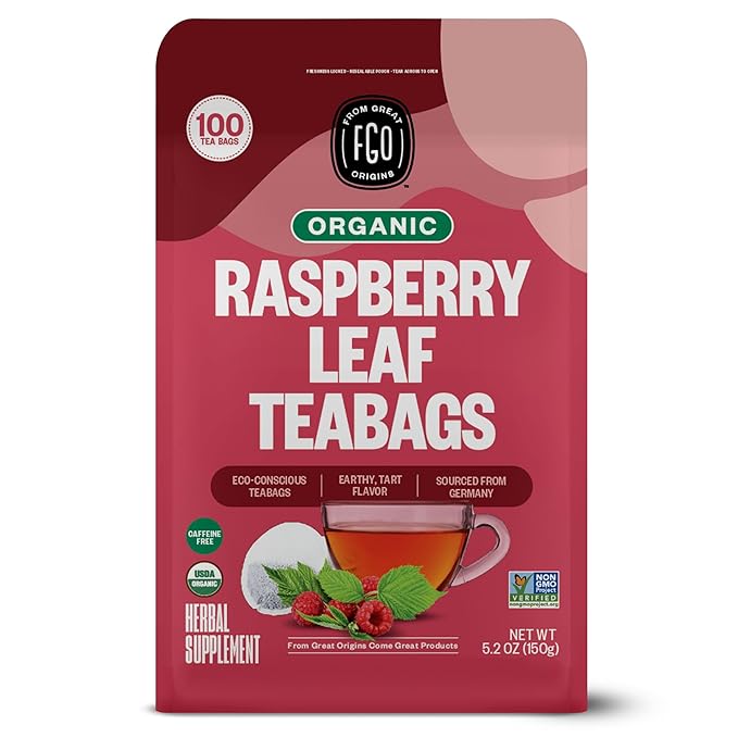 FGO Organic Red Raspberry Leaf Tea Bags, 100 Eco-Conscious Tea Bags, Caffeine Free, Imported from Germany, Reseable Bag, Packaging May Vary (Pack of 1)