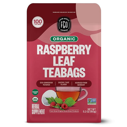 FGO Organic Red Raspberry Leaf Tea Bags, 100 Eco-Conscious Tea Bags, Caffeine Free, Imported from Germany, Reseable Bag, Packaging May Vary (Pack of 1)