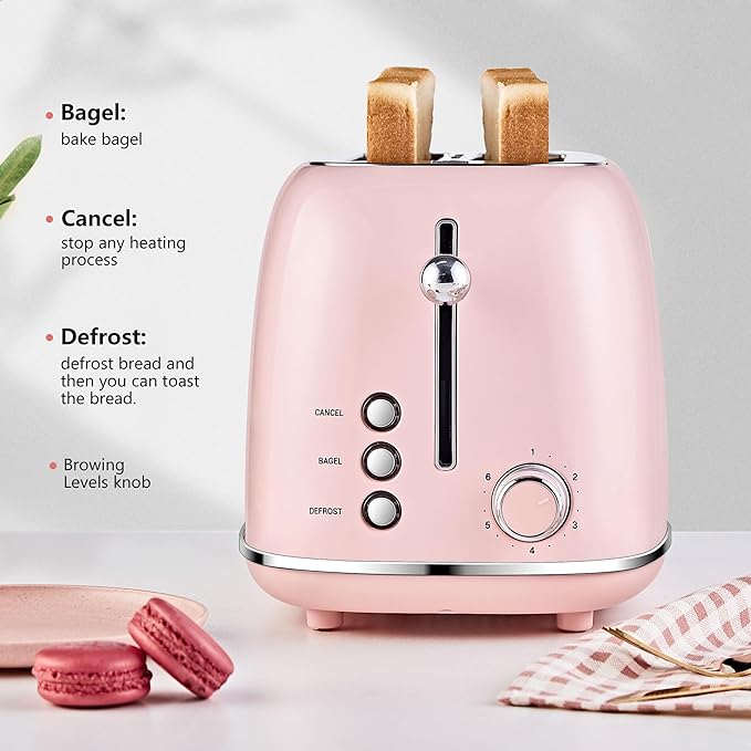 Roter Mond 2 Slice Toaster Retro Stainless Steel with Bagel, Cancel, and Defrost Functions, 6 Bread Shade Settings, Extra Wide Slots and Removable Crumb Tray, Pink