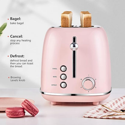 Roter Mond 2 Slice Toaster Retro Stainless Steel with Bagel, Cancel, and Defrost Functions, 6 Bread Shade Settings, Extra Wide Slots and Removable Crumb Tray, Pink