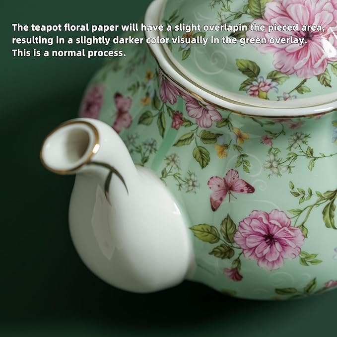 Flower Ceramic Teapot,22oz Porcelain Tea pot for Tea Coffee Milk for Office Home Men Women as Gift (Green)