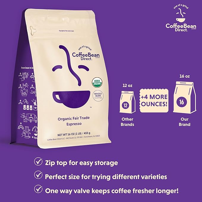 Coffee Bean Direct Organic Fair Trade Espresso Blend, Whole Bean Coffee, Dark Roast, 1 Pound Bag (Pack of 1)