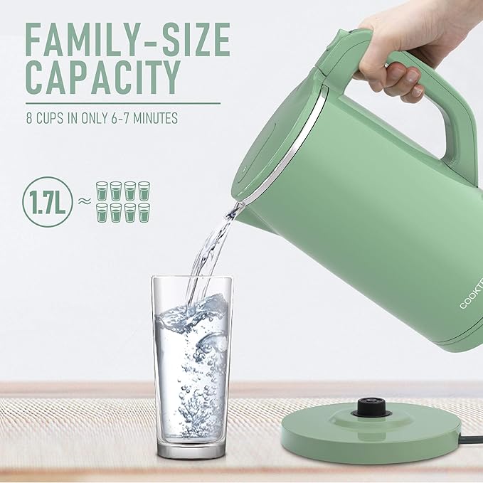 1.7L Electric Kettle Quiet, Double Wall Hot Water Boiler BPA-Free, Quiet Boil and Cool Touch Tea Kettle, Cordless with Auto Shut-Off & Boil Dry Protection, 1500W Fast Boiling, Green