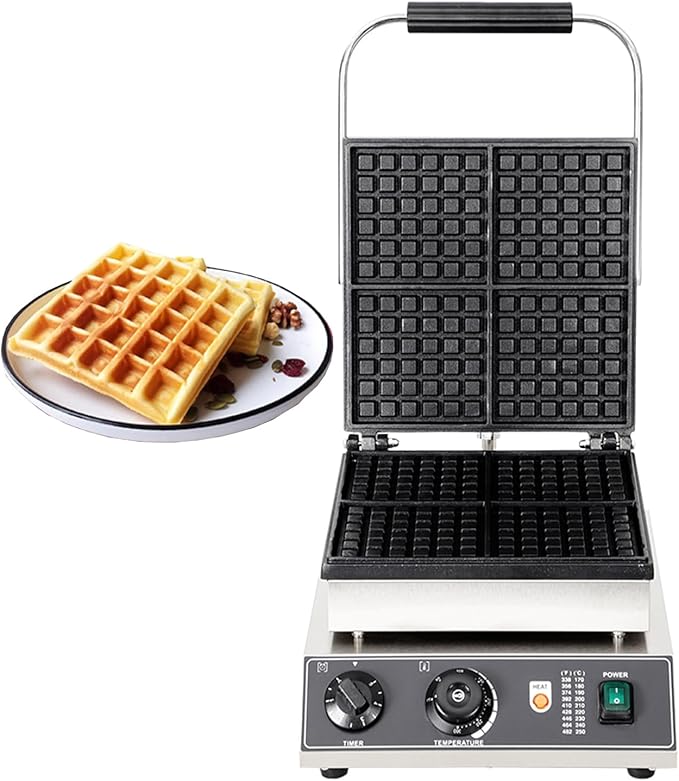 Commercial Waffle Maker, 4pcs Rectangle Waffle Iron, Non-Stick Industrial Belgian Waffle Maker Stainless Steel 110V Temp and Time Control, Suitable for Restaurant Bakeries Snack Bar Family