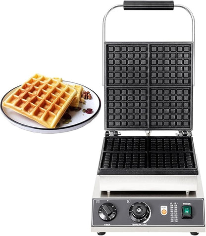 Commercial Waffle Maker, 4pcs Rectangle Waffle Iron, Non-Stick Industrial Belgian Waffle Maker Stainless Steel 110V Temp and Time Control, Suitable for Restaurant Bakeries Snack Bar Family