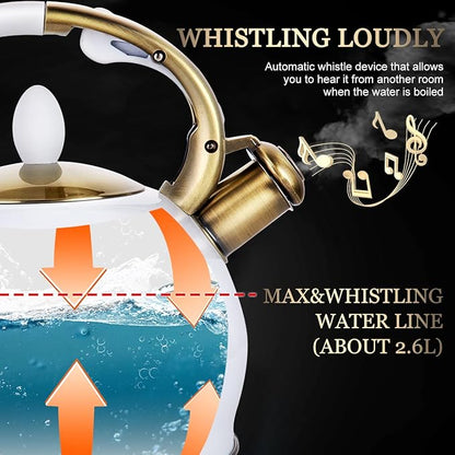 SUSTEAS Stove Top Whistling Tea Kettle - Food Grade Stainless Steel Teakettle Teapot with Cool Touch Ergonomic Handle, With 1 Silicone Pinch Mitt Included, 2.64 Quart(WHITE)