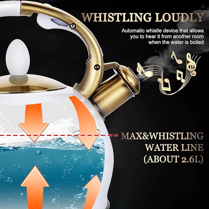 SUSTEAS Stove Top Whistling Tea Kettle - Food Grade Stainless Steel Teakettle Teapot with Cool Touch Ergonomic Handle, With 1 Silicone Pinch Mitt Included, 2.64 Quart(WHITE)