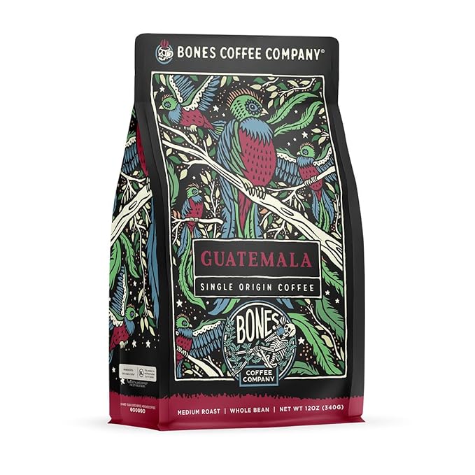 Bones Coffee Company Guatemala Single-Origin, Milk Chocolate, Citrus and Caramel Notes, Whole Coffee Beans, Low Acid Medium Roast Arabica Beans Flavored Coffee, 12 oz Whole Bean