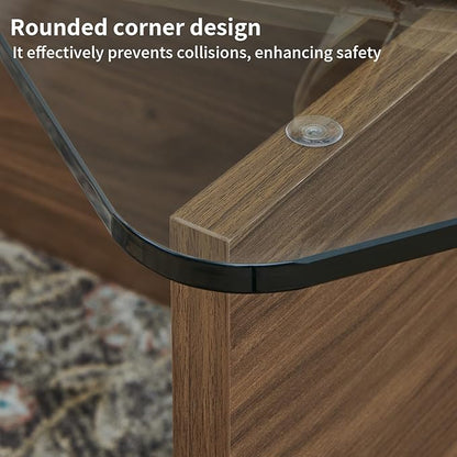 31.5" Glass Coffee Table, MDF Mid-Century Modern Square Coffee Table with Tempered Glass Top, Square Center Tables for Small Space Living Room Office Apartment, Walnut