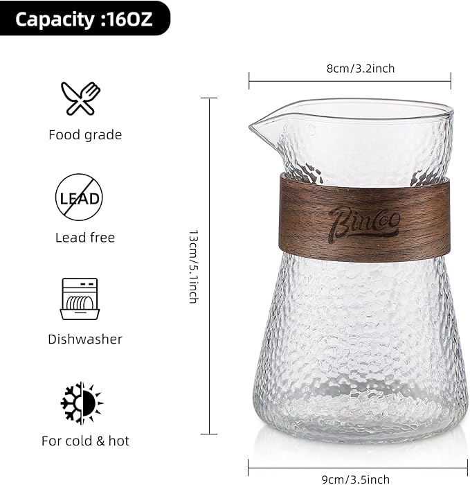 Glass Coffee Server 500ML/16oz - Glass Coffee Carafe with Heat-Resistant Wood Loop,Clear Coffee Decanter Coffee Server for Pour Over, Coffee Pot