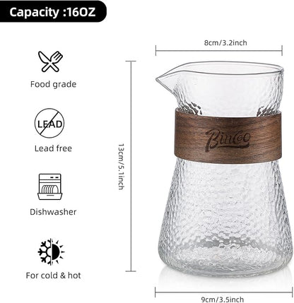 Glass Coffee Server 500ML/16oz - Glass Coffee Carafe with Heat-Resistant Wood Loop,Clear Coffee Decanter Coffee Server for Pour Over, Coffee Pot