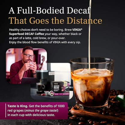 VINIA Blood Flow DECAF Coffee - Medium Roast Superfood Coffee Pods, Swiss Water Process Powered by Red Grape Piceid Resveratrol Boost Energy Compatible with K Cup Coffee Pods Machines, Caffeine Free, 30 Ct